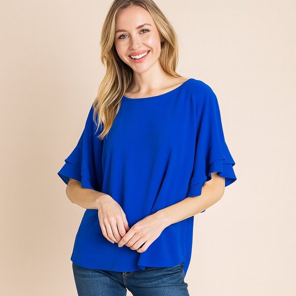 Umgee Royal Blue Ruffle Sleeve Boho Feminine Flowy Y2K Blouse Top Size S NEW - Picture 1 of 7